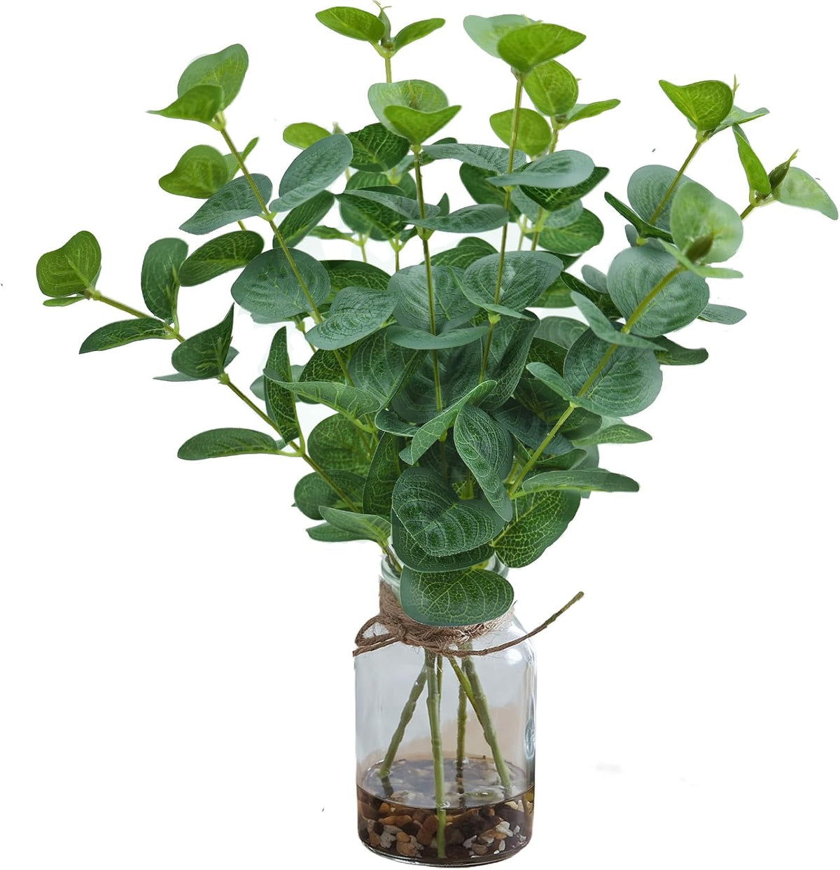 Artificial Eucalyptus Stems in Glass Vase with Faux Water, 13.5" Fake Plants for Home Decor, Office, Bathroom & Farmhouse Weddings - Faux Greenery Plants Decorations