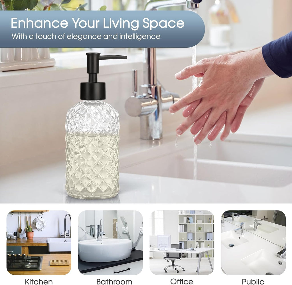 Topsky Gem Glass Soap Dispenser with Black Plastic Pump, 13oz Liquid Hand Soap Dispenser, Rustproof Pump for Kitchen & Bathroom, Great for Lotions, Essential Oil, Liquid Soaps-Clear