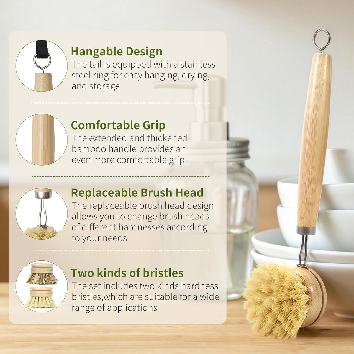 Bamboo Dish Brush with Handle, Natural Dish Brush Set Includes 2 Replacement Brush Heads, Kitchen Scrub Brush with Sisal and Palm Bristle for Cleaning Dishes, Pans and Vegetables
