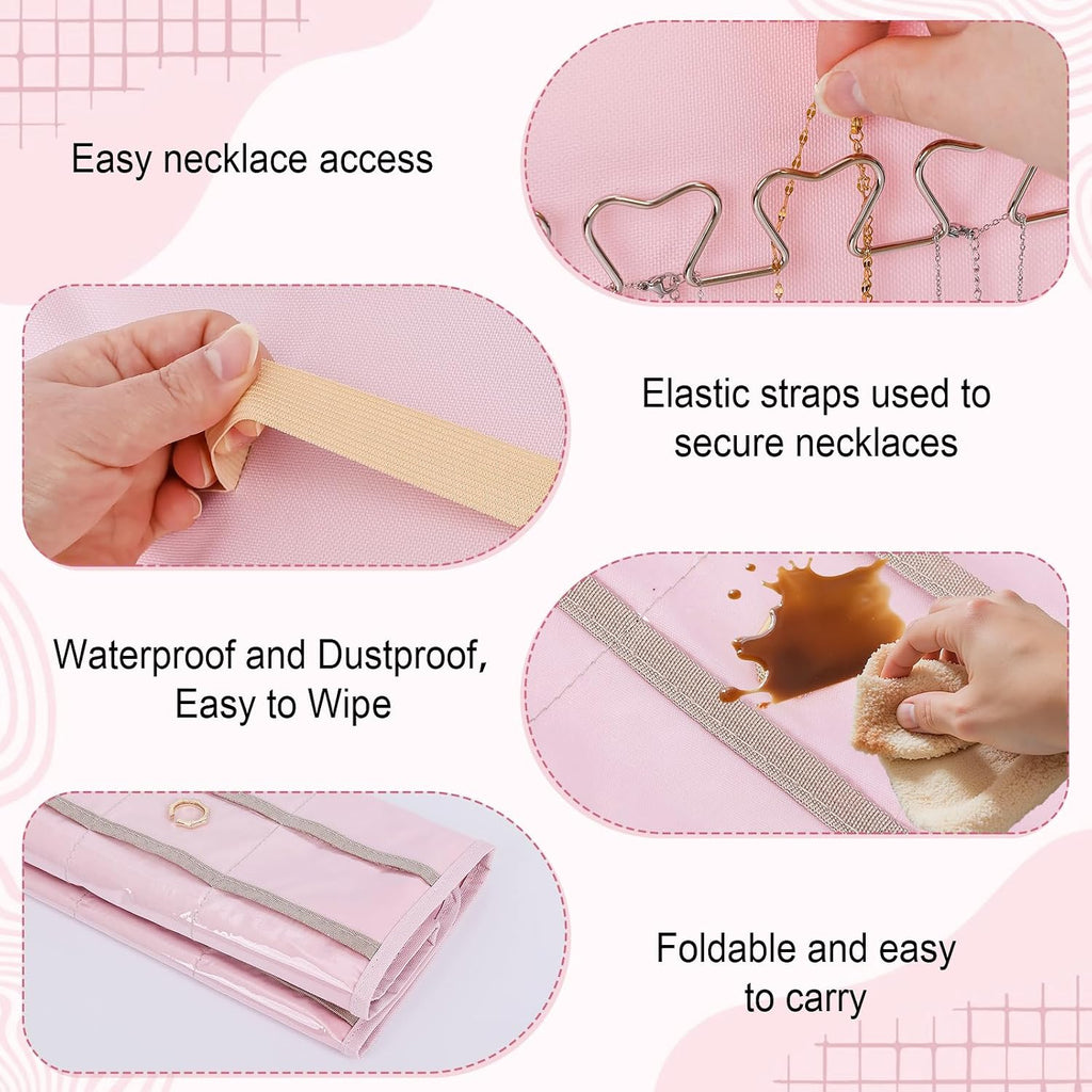 Dynoro Double-Sided Hanging Jewelry Organizer, Large Pink Storage Roll for Earrings, Necklaces, Rings, 48 Pockets 21 Hooks, Durable Oxford Fabric for Closet, Wall, Door, 1 piece, Jewelry Not Included