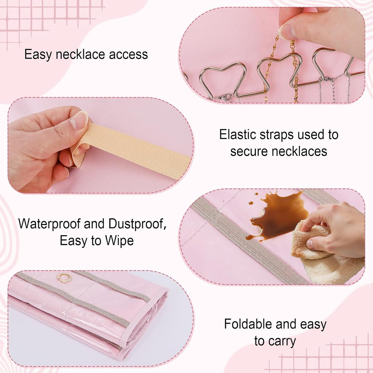 Dynoro Double-Sided Hanging Jewelry Organizer, Large Pink Storage Roll for Earrings, Necklaces, Rings, 48 Pockets 21 Hooks, Durable Oxford Fabric for Closet, Wall, Door, 1 piece, Jewelry Not Included