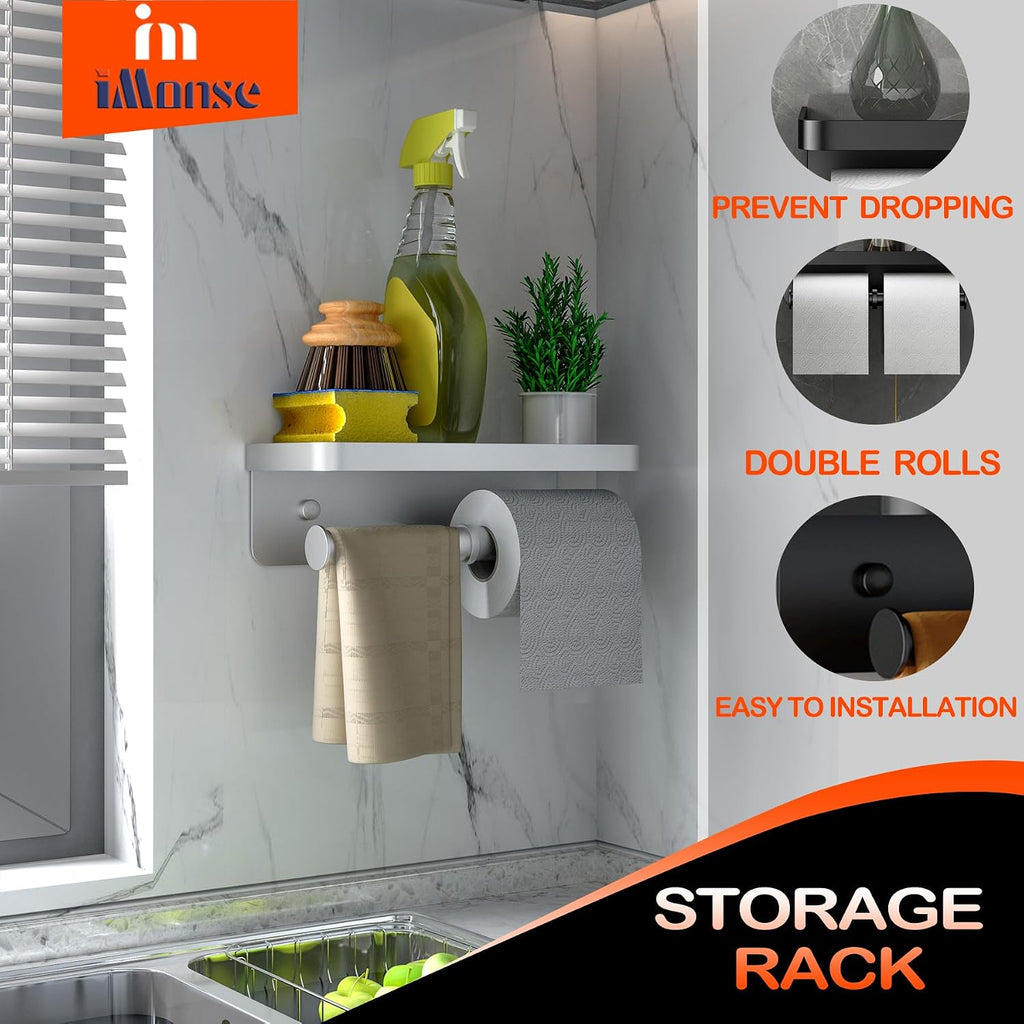 Double Toilet Paper Holder with Shelf, iMonse Paper Towel Holder Wall Mount,Tissue Roll Holder for Bathroom Kitchen RV, Double Tissue Roll Rack with Adhesive & Screw (Silver)