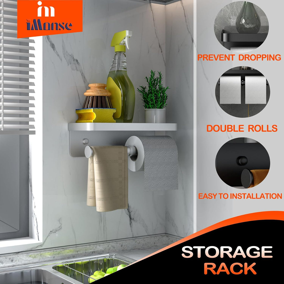 Double Toilet Paper Holder with Shelf, iMonse Paper Towel Holder Wall Mount,Tissue Roll Holder for Bathroom Kitchen RV, Double Tissue Roll Rack with Adhesive & Screw (Silver)