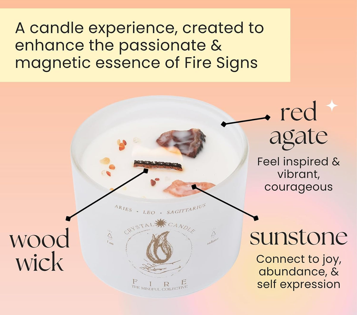 Aries, Leo, Sagittarius Gifts for Women, Wood Wick Crystal Soy Candle