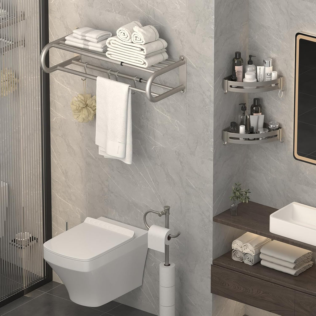 BESy Adjustable Bathroom Towel Rack with Shelf, Towel Bar, Nickel