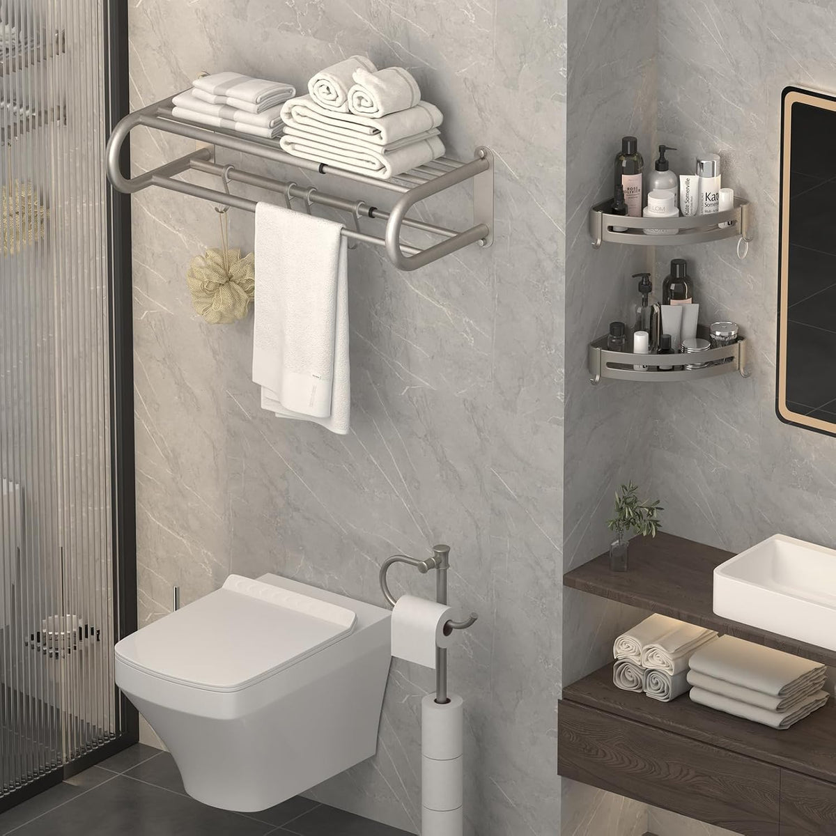 BESy Adjustable Bathroom Towel Rack with Shelf, Towel Bar, Nickel