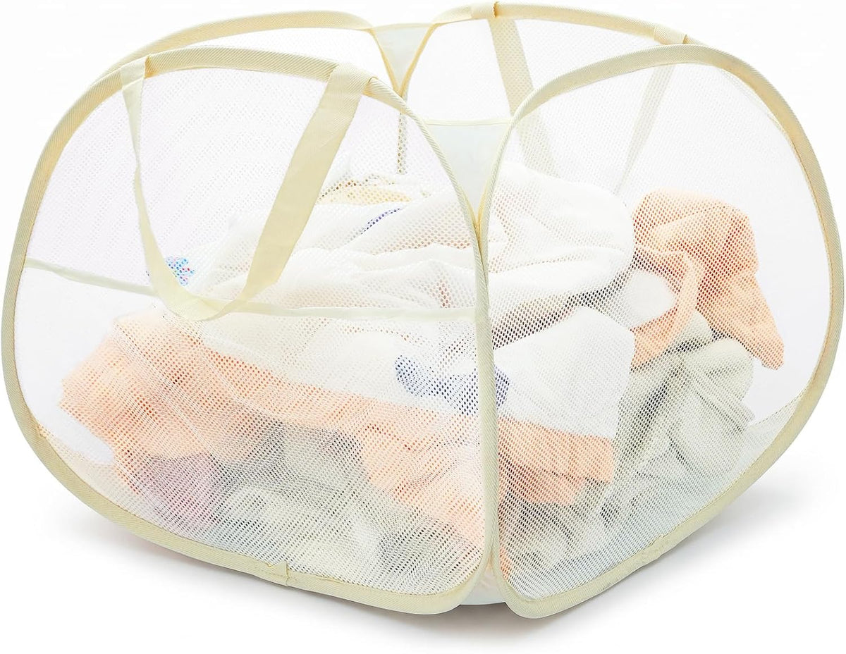 Collapsible Laundry Baskets, 90L Large Foldable Laundry Basket, Durable Mesh Pop Up Hampers for Laundry, Dirty Clothes Laundry Hamper for Bedroom, Bathroom, Dorm, Laundry Room, Travel, Camping Beige