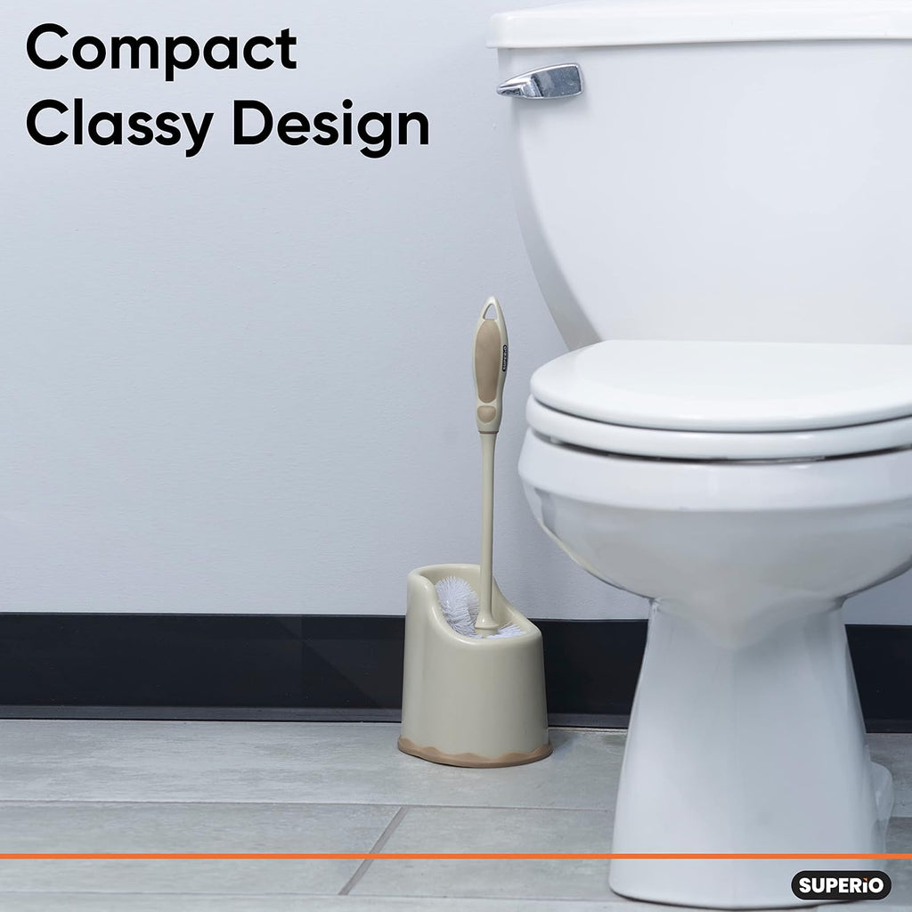 Superio Toilet Bowl Brush and Holder with Under Rim Cleaner for Bathroom, Toilet Brush and Caddy with Non Scratch Bristles and Under Rim Lip Brush, Beige (2 Pack)