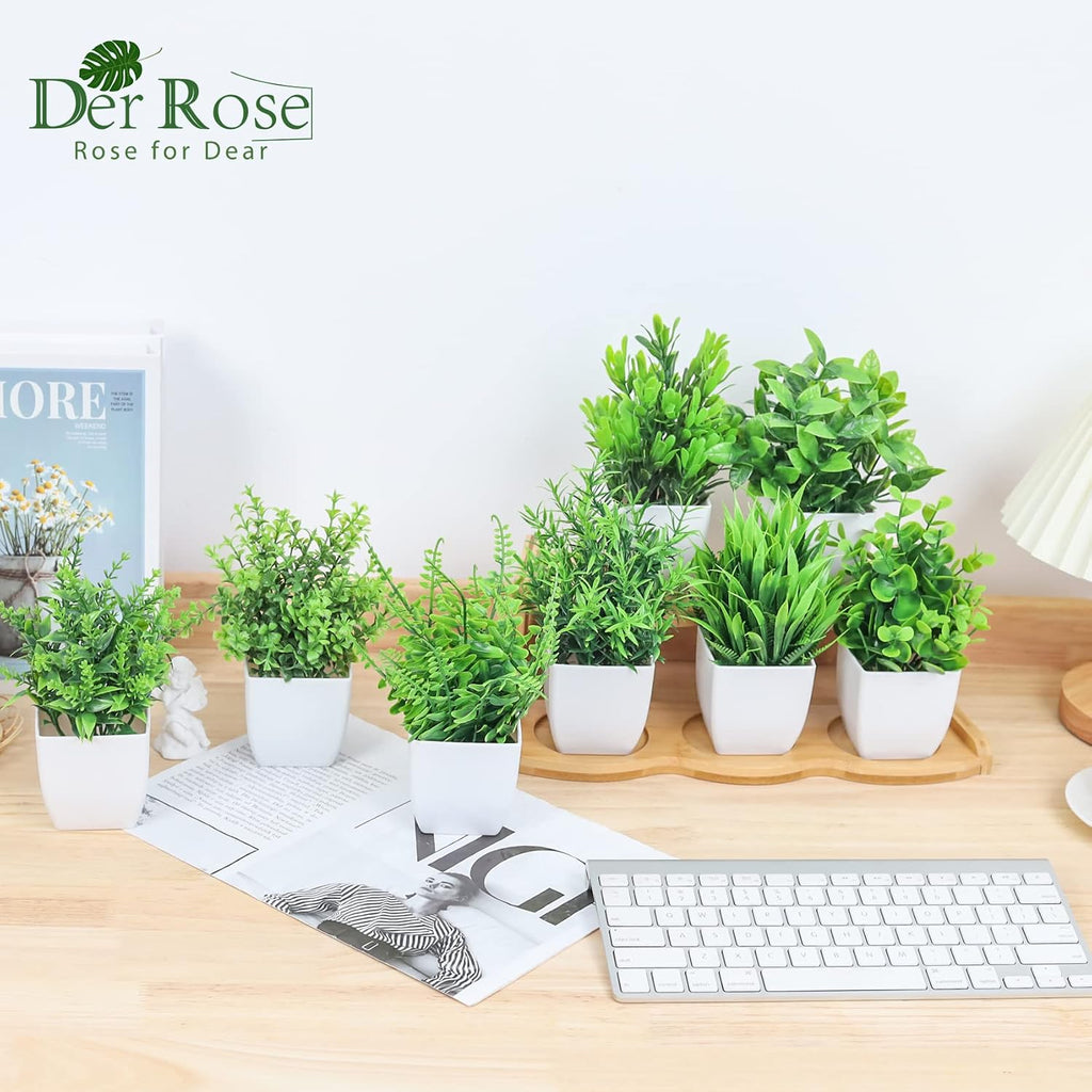 Der Rose 8 Pack Small Fake Plants in White Pots, Bathroom Home Decor Indoor