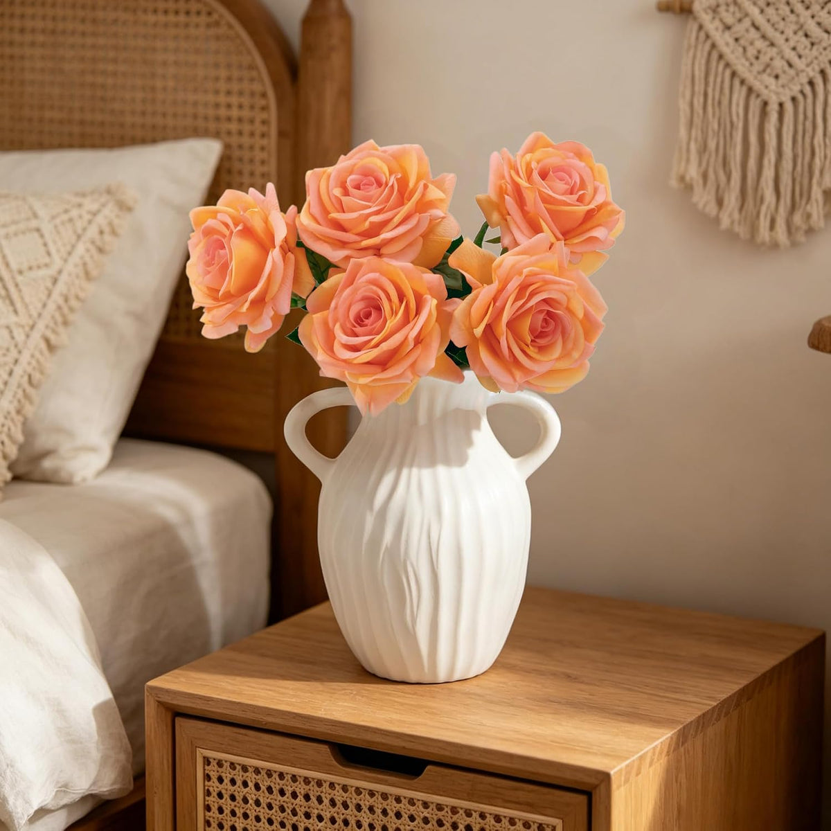 Real Touch Artificial Roses, 5Pcs Peach Coral Faux Silk Flowers