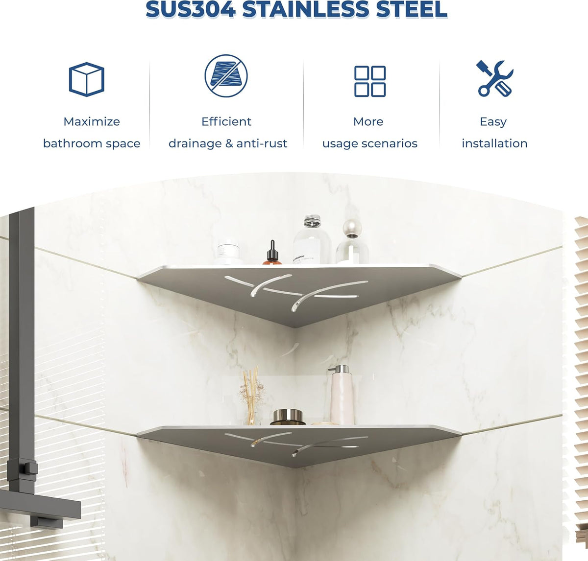 FerdY 2-Pack 10" Brushed Nickel Recessed Corner Shower Shelf, for Tiled Bathroom Walls, Floating Shower Shelf, 304 Stainless Steel Shower Caddy Storage Shelves, No Drilling Required, Irregular Diamond