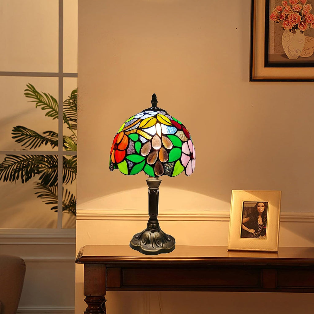 Tiffany Table Lamp,8X8X15Inch Small Antique Rose and Grape Pattern Stained Glass 3 Color Temperatures Bedside Nightstand Table Lamps for Bedroom Living Room Home Office+LED Bulb