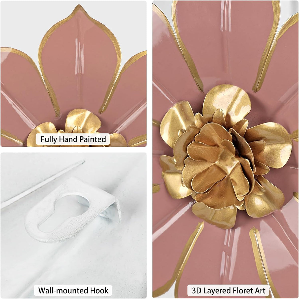 Villa Como Set of 3 Pink and Gold Metal Flowers Wall Art Decor 10"