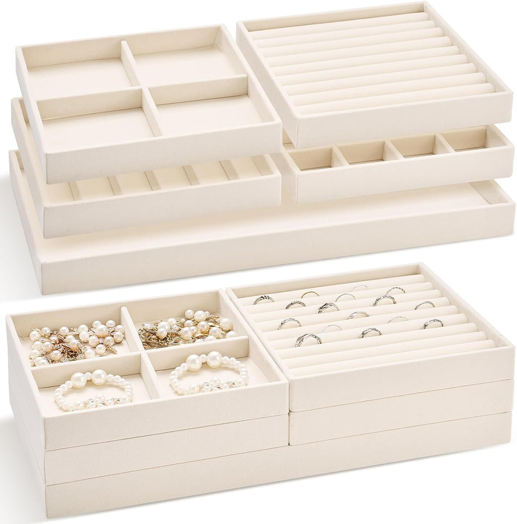 Cinnvoice Set of 10 Stackable Jewelry Organizer Tray for Drawer, Beige