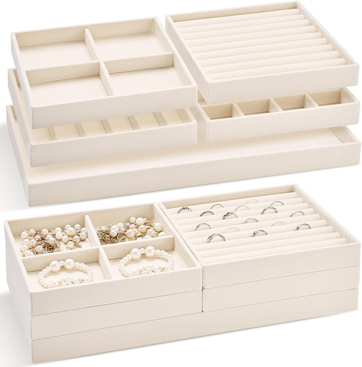 Cinnvoice Set of 10 Stackable Jewelry Organizer Tray for Drawer, Beige