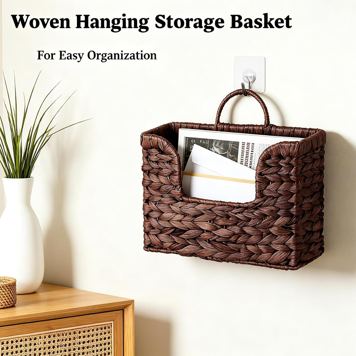 Hanging Magazine Basket, Woven Wall Magazine Holder Organizer with Handle for Mail, Files, Books - Water Hyacinth Farmhouse Storage Rack for Bathroom, Kitchen, Office (1, Brown)