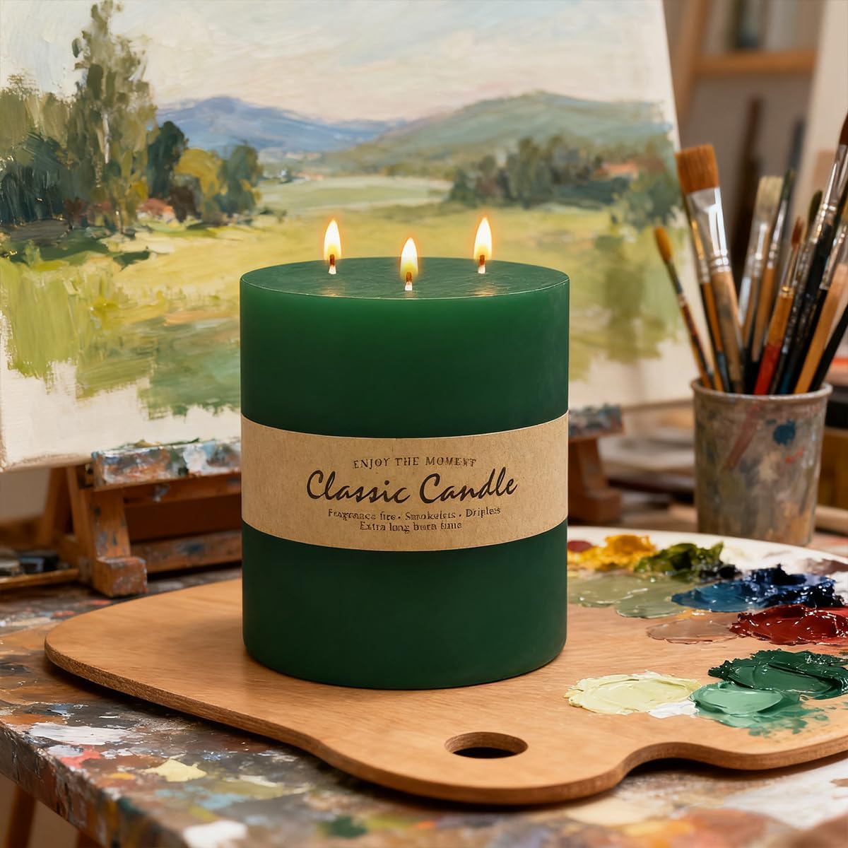Large 3-Wick Green Pillar Candle - 6x6 Inch for Christmas Decoration