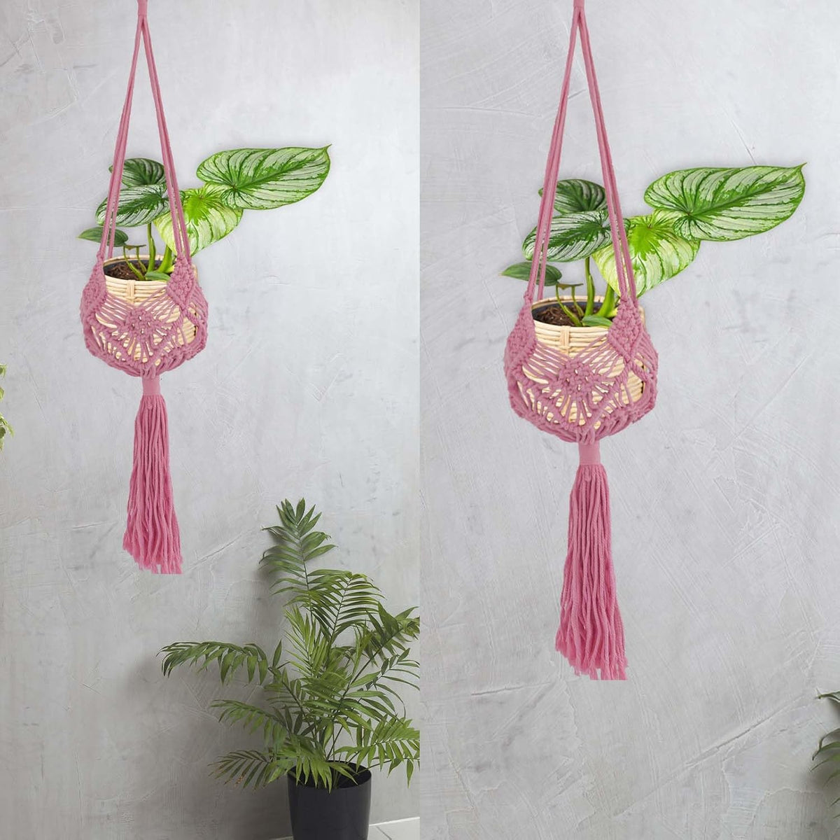 Pink Macrame Plant Hanger 2 Pack 35 Inch Cotton Rope Crochet