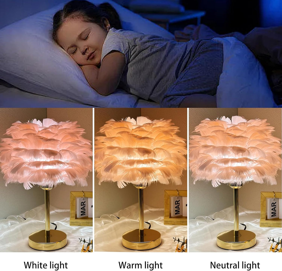 Pink Feather Table Lamp with Gold Finish - 3 Color Changing LED Bedside Desk Lamp, Modern Romantic Night Light for Bedroom Living Room Wedding Decor, Ideal Gift for Her
