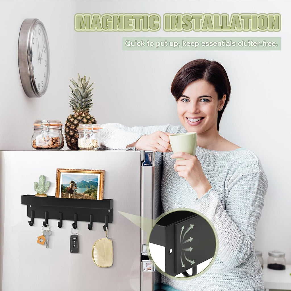 VIS'V Key Holder Wall Mount, Magnetic Key Rack with Tray, 6 Hooks, Black