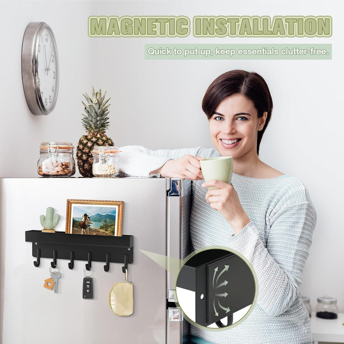 VIS'V Key Holder Wall Mount, Magnetic Key Rack with Tray, 6 Hooks, Black