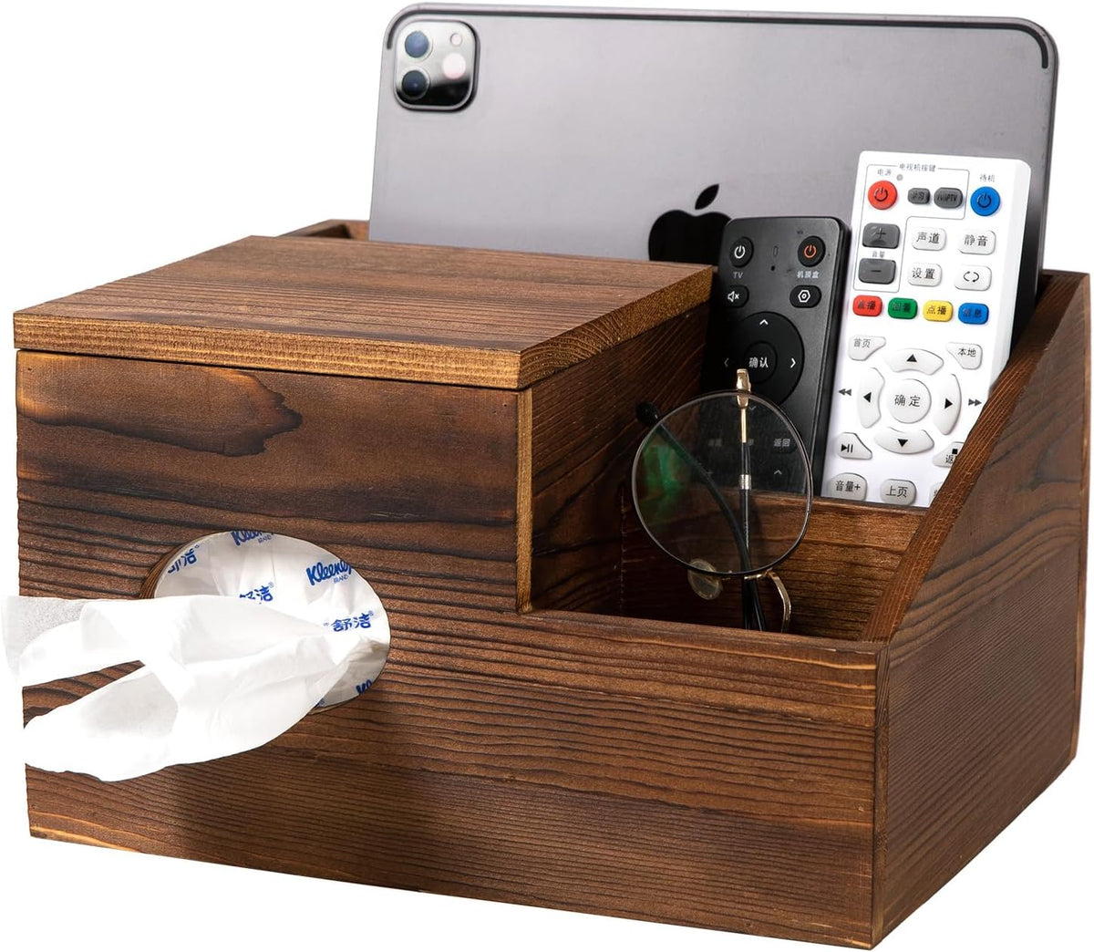 Deluxe Dark Rustic Brown Wooden Remote Control Caddy with Tissue Box Cover – Multi-Compartment Organizer for TV Remotes, Phones, Tablets and Living Room Essentials