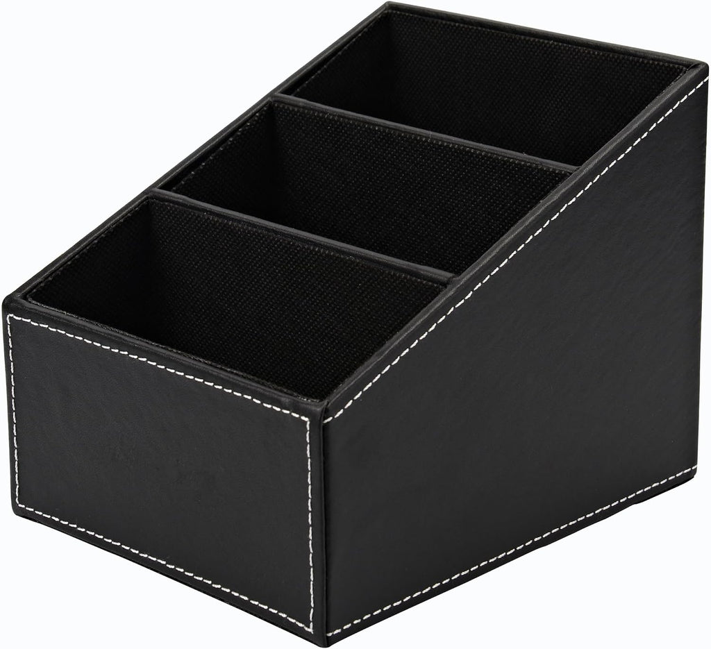 I-MART PU Leather Remote Control Holder Organizer with 3 Compartments, Stylish TV Remote Holder Caddy for Desk Nightstand Coffee Table and Media Accessory Storage (Black)