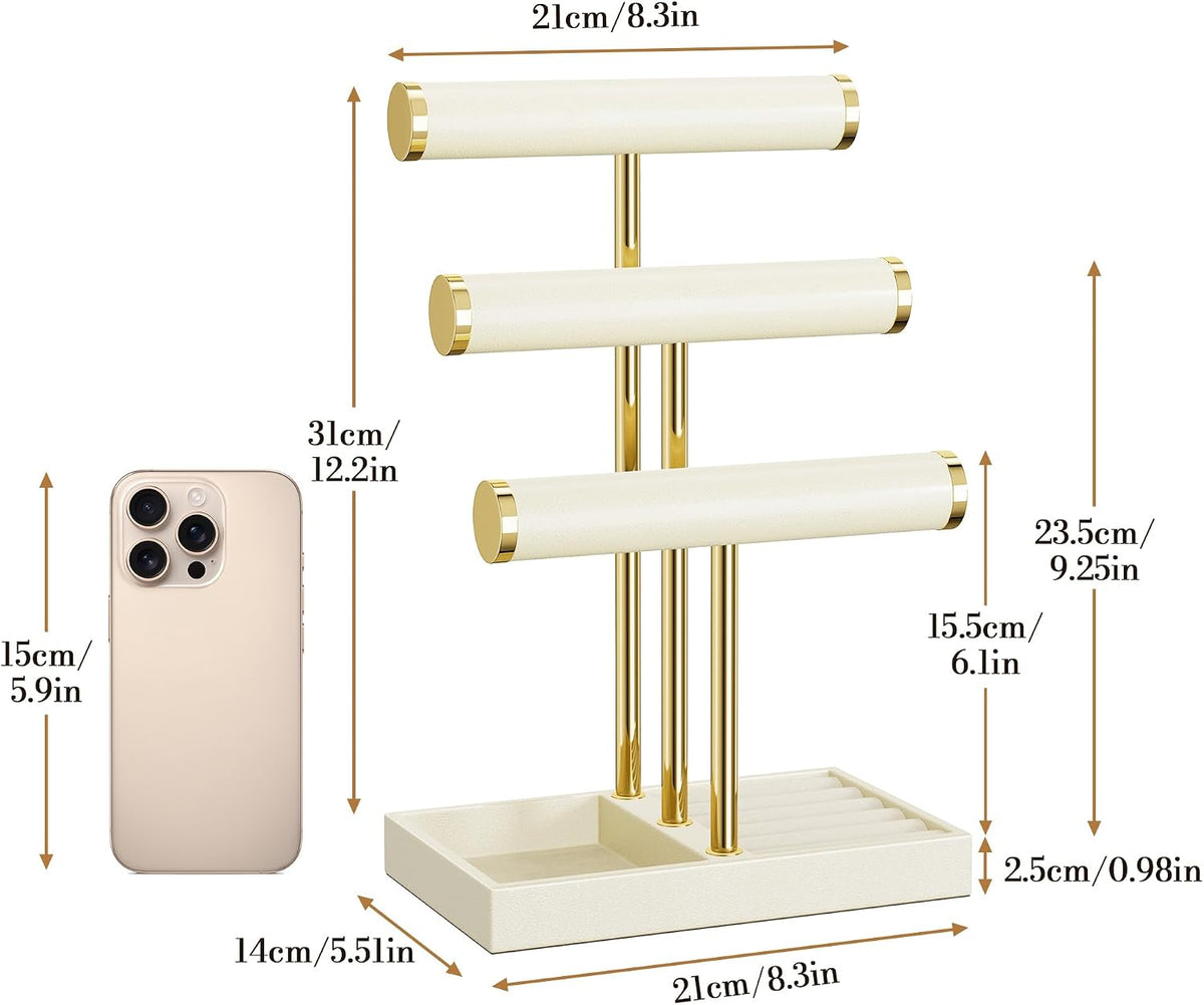 bussdis 3 Tier Bracelet Holder Display - Beige Leather Bracelet Holder, Detachable T Bar Jewelry Holder Organizer for Bracelet, Necklace, Earrings, Rings, Watches, Bangle