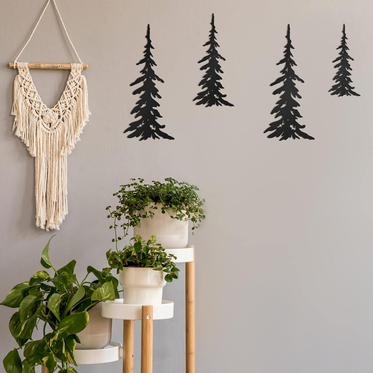 Moxweyeni 6 Pcs Metal Pine Tree Wall Art, Deer Bear Decor, Black