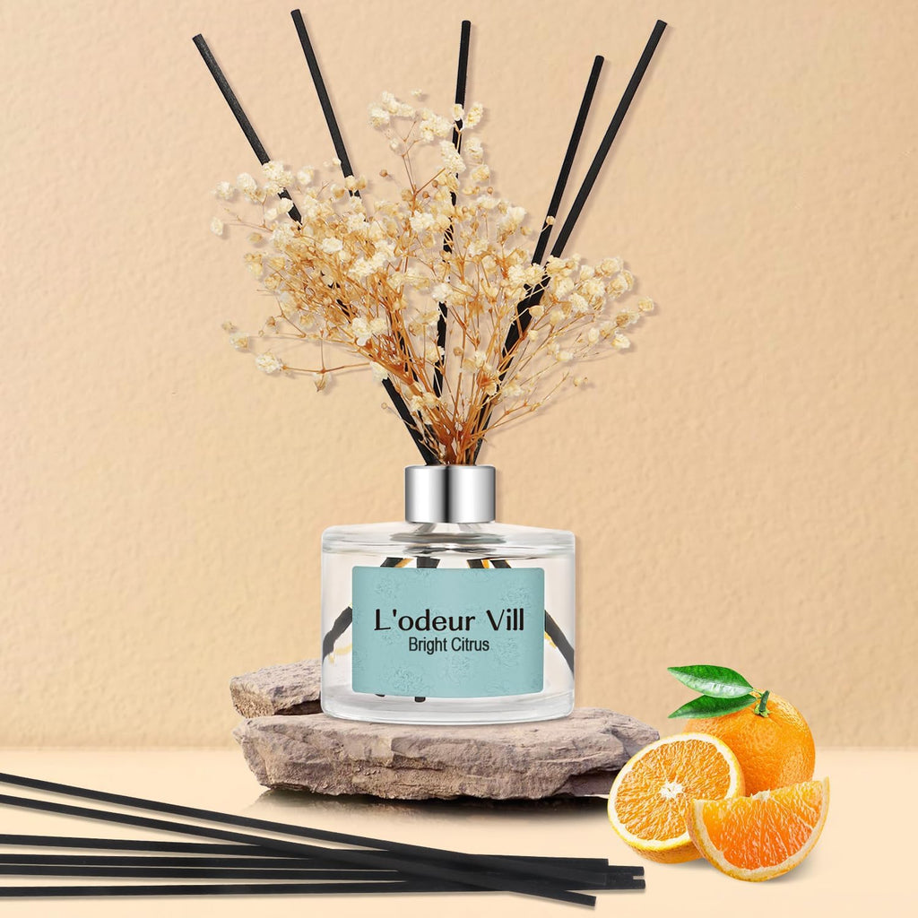L'odeur Vill Reed Diffuser Set, 6.7 oz(200ml) Bright Citrus Scented Diffuser with 6 Oil Diffuser Sticks, Home Fragrance Essential Oil Reed Diffuser for Home Large Rooms Bathroom Shelf Decor