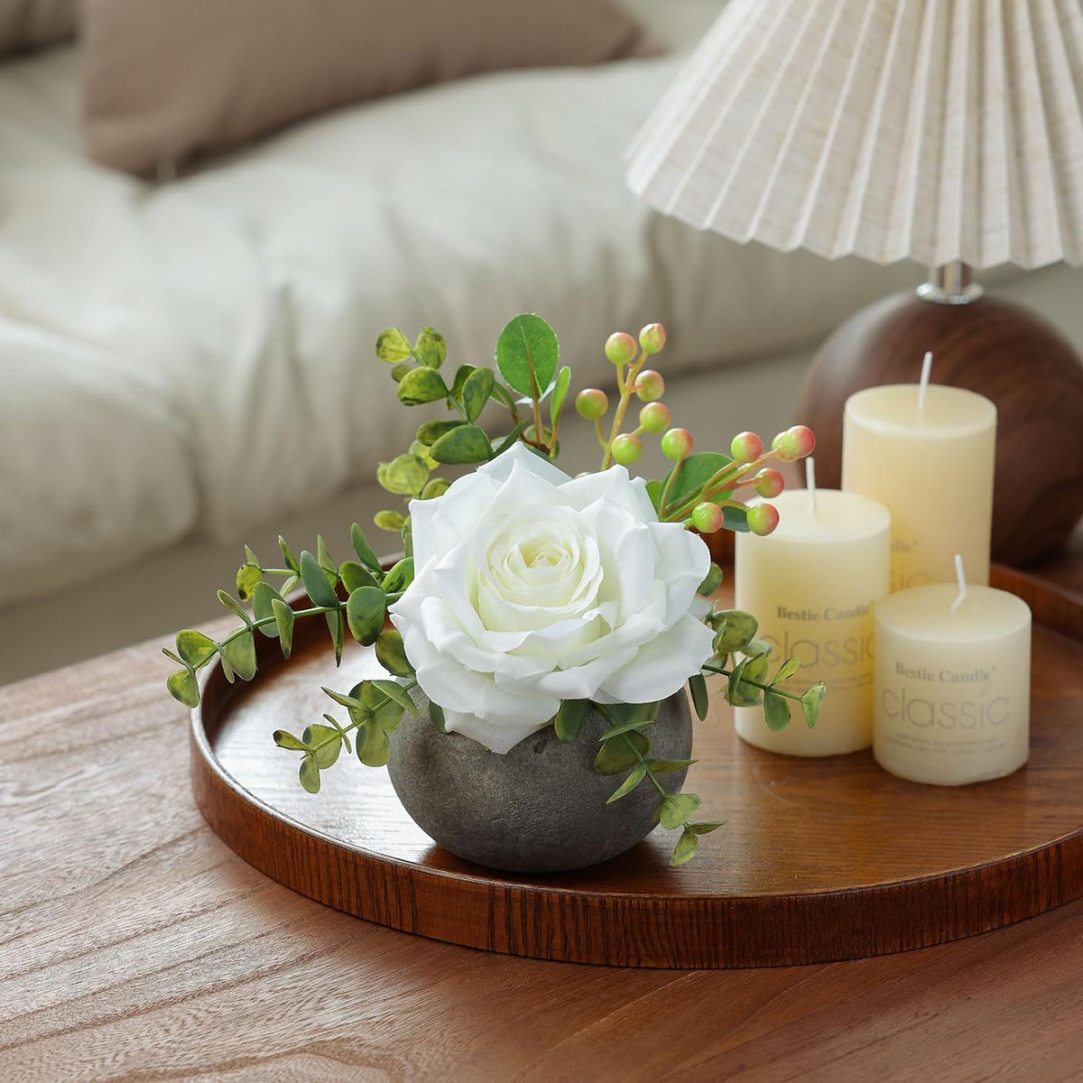 mizii DIY Small Artificial Flowers Potted Kit Fake Flower Realistic Silk Rose and Greenery with Vase for Gifts Table Centerpiece Mantle Office Desk Shelves Living Room Decorations (White)