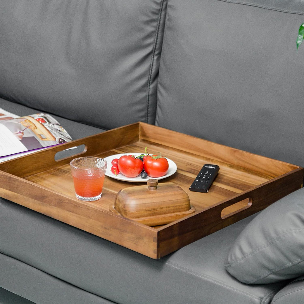 Serving Tray with Handles, 22 inch Large Square Ottoman Tray Coffee Table Tray, Wooden Trays Decorative Trays for Party, Food Serving, Breakfast, Dinner, Coffee Tea, Appetizers