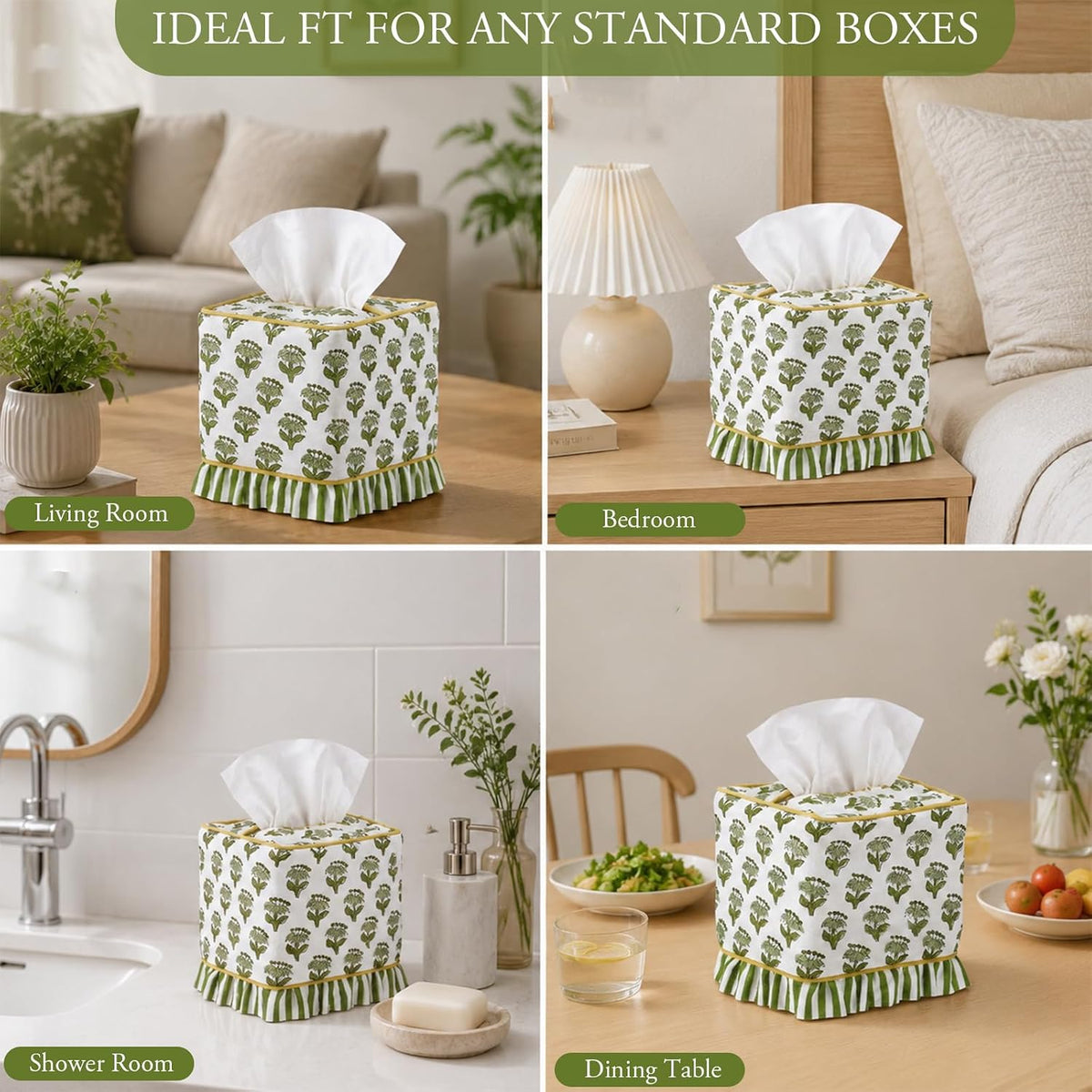 Emerald Green Floral Ruffle Tissue Box Cover Block Printed