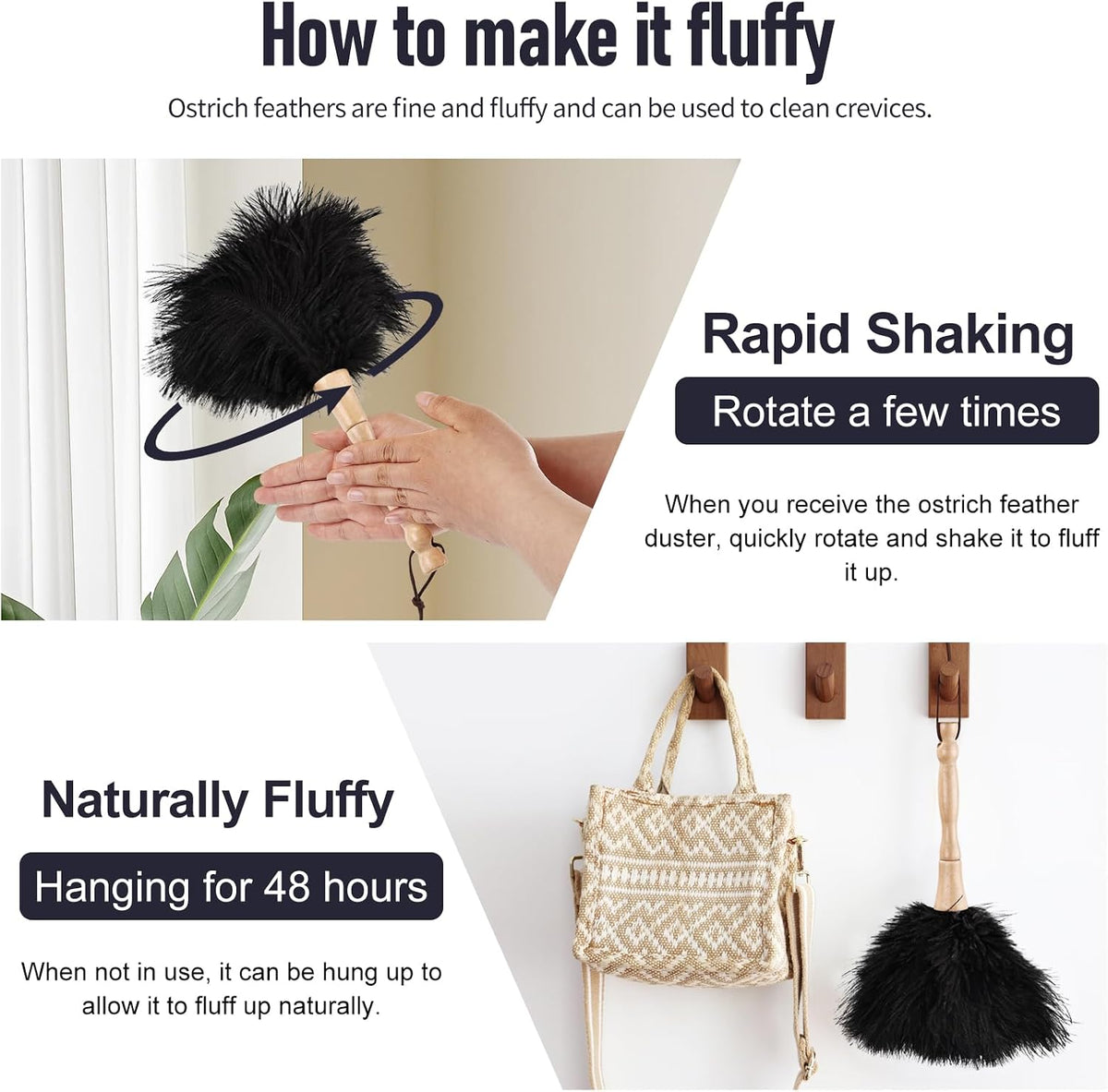 Ostrich Feather Duster 12 Inch Handheld Duster Supplies, Wooden Handle Feather Duster for Cleaning Keyboard Home Car Office (Black)