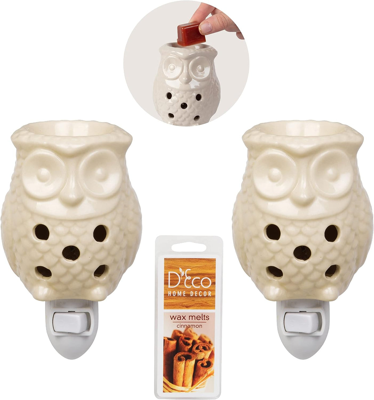 Owl Plug-in Fragrance Wax Melt Warmers (2Pk)- Electric Scented Candle Tart Warmer w 4 Cinnamon Cubes- Halogen Bulb Melts Wax & Fills Room w Fresh Scents & Night Light Glow- Holiday Xmas Must Have Gift