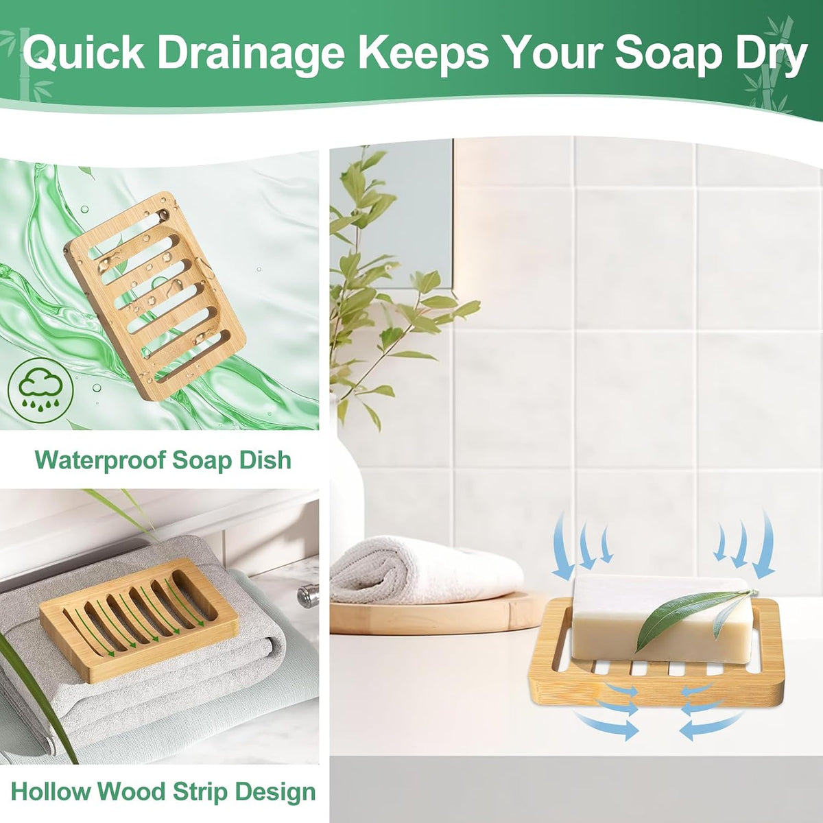 Wooden Soap Dish, Bamboo Soap Holder for Shower 2 Pack, Self Draining Tray
