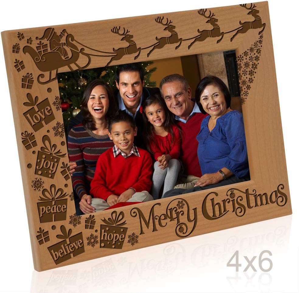 KATE POSH Merry Christmas Love Peace Joy Believe Hope, The Magic of Christmas Family Picture Frame. Santa, Reindeer and Sleigh Decor. Engraved Natural Wood Photo Frame (4x6-Horizontal)