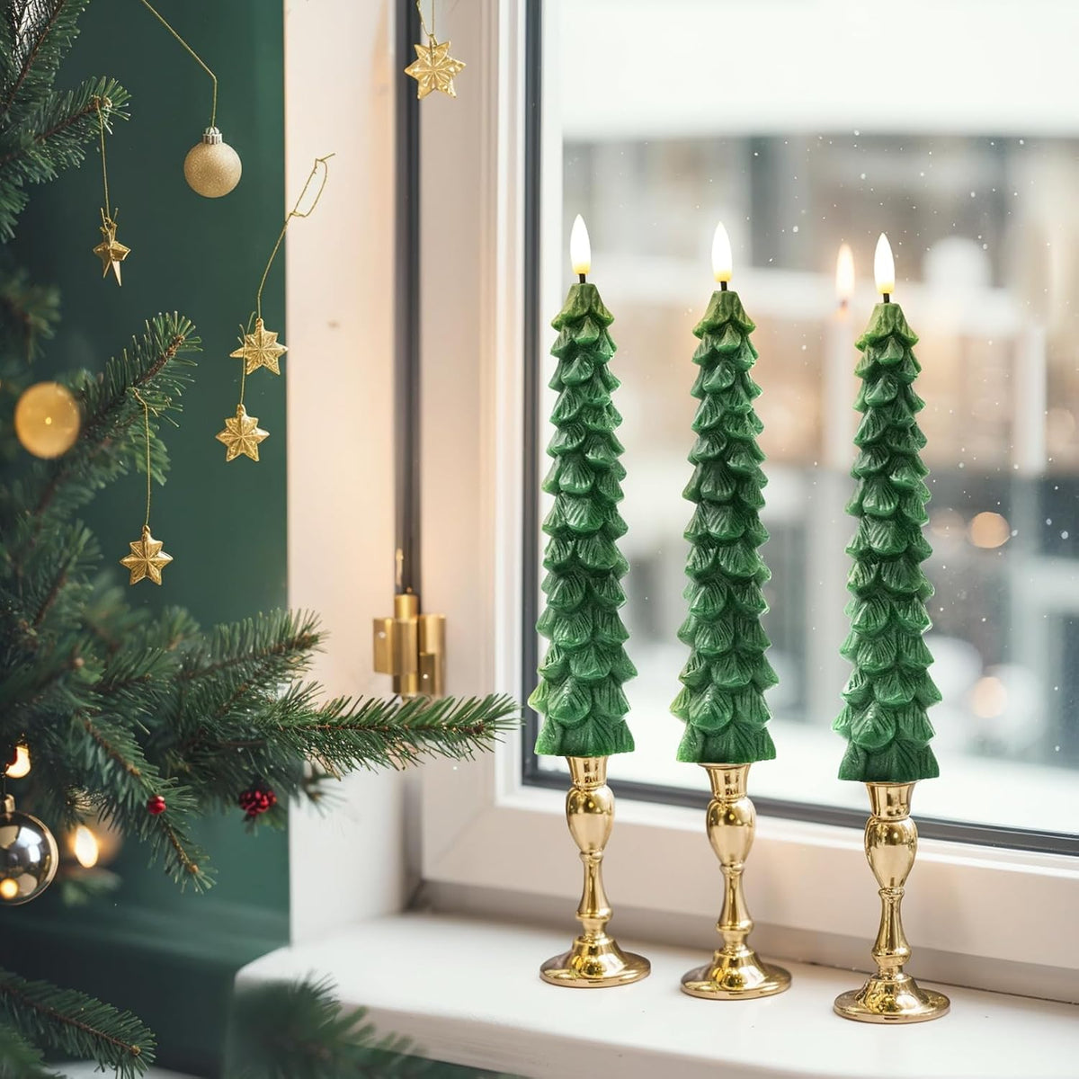 3PCS Christmas Tree Candles, 9.7 Inch Flameless Taper Candles with Remote and Timer, LED Battery Operated Taper Candlesticks with 3D Flickering for Christmas Home Decoration.