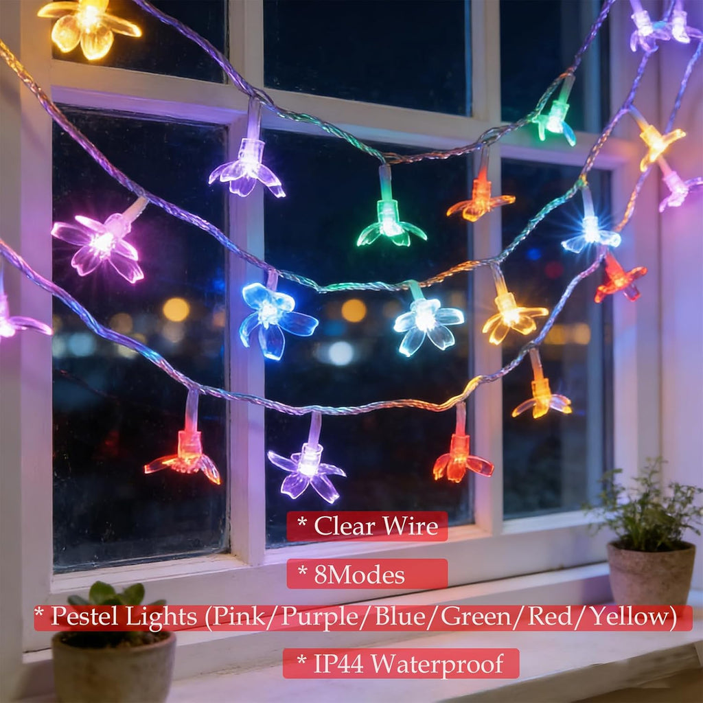 33ft 100 LED Plug in Pastel Christmas Flower String Lights Hanging Decor