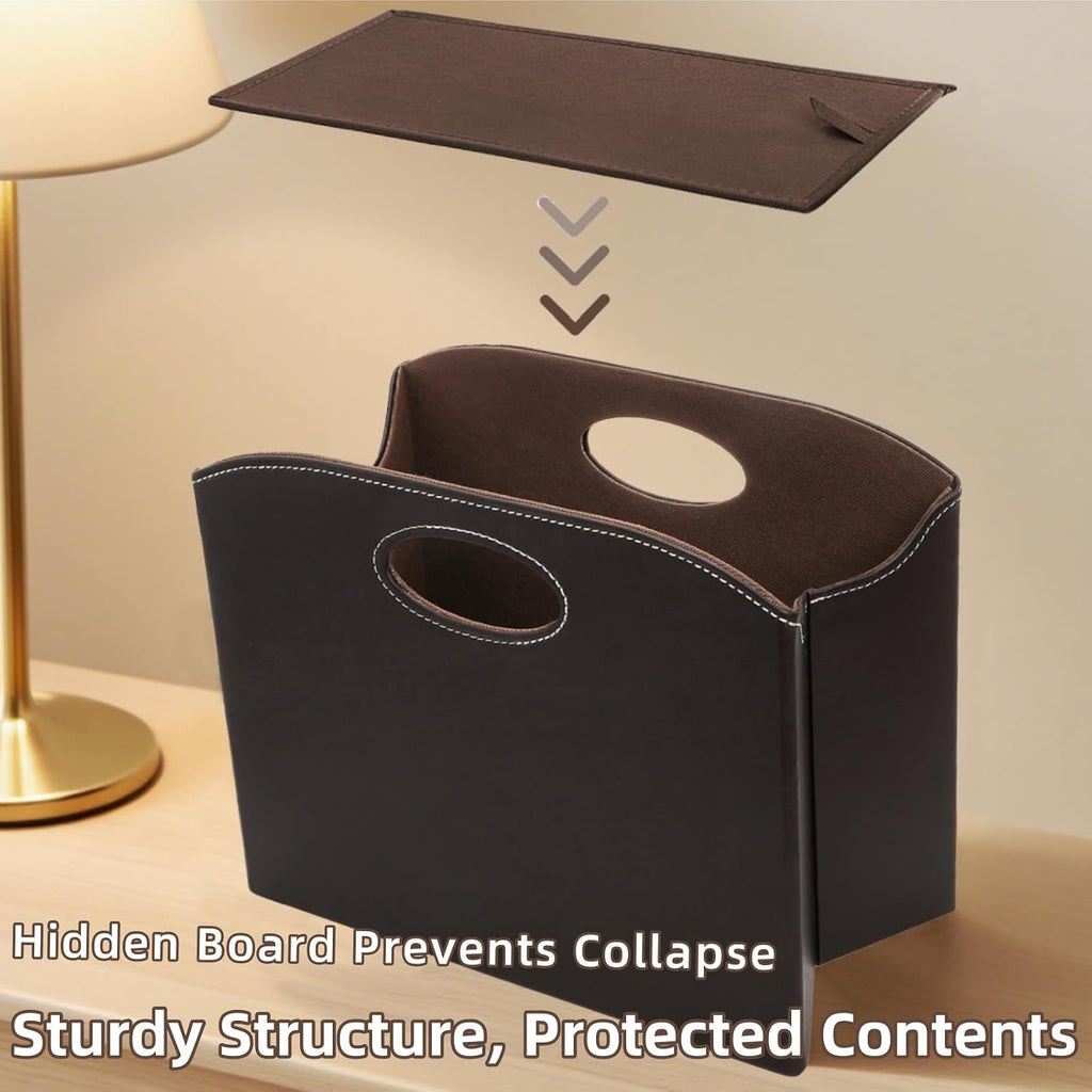 WRINGKIT Leather Magazine File Holder, Foldable Magazine Basket with Handle