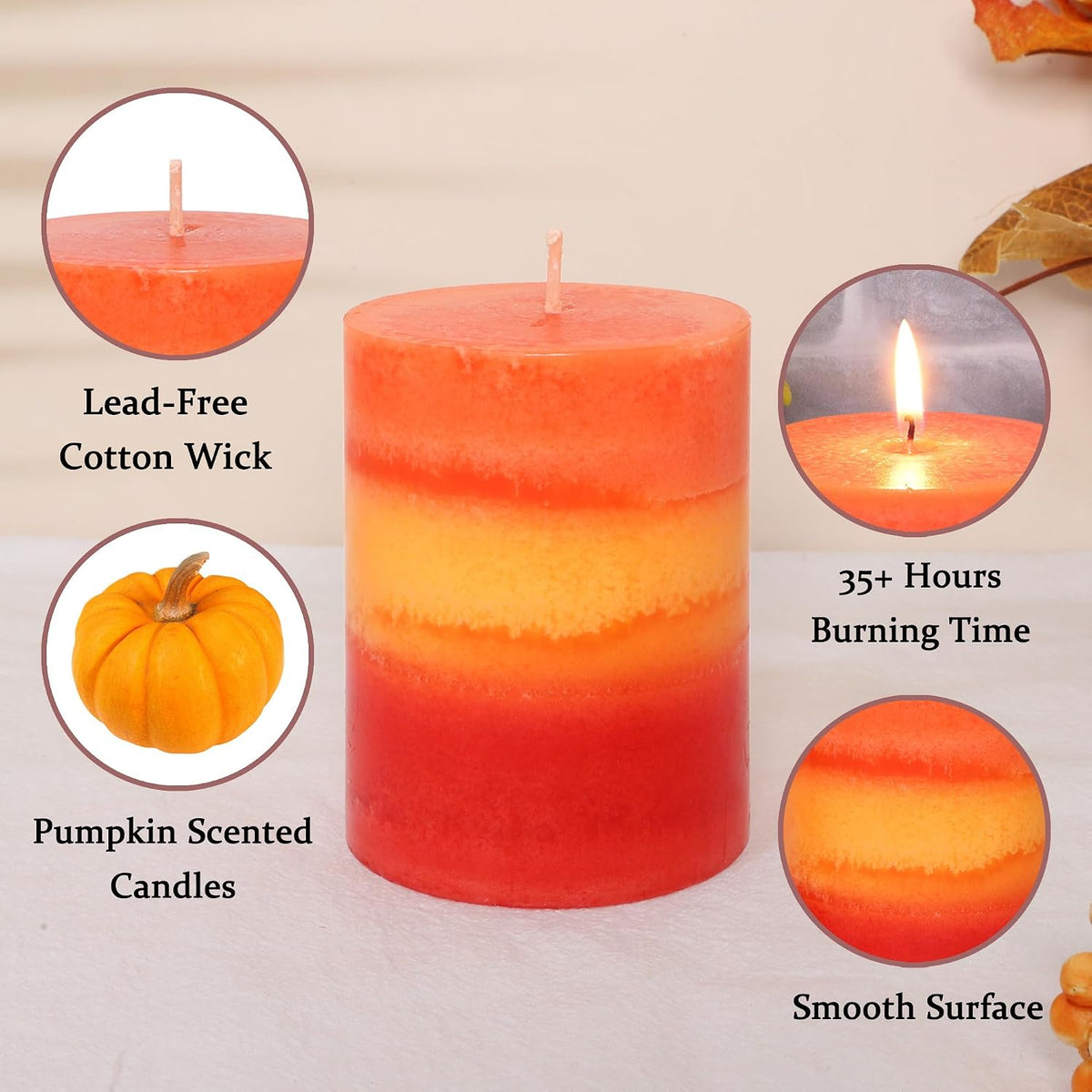 3×4 Inch Orange Pillar Candles, Pumpkin Scented Candles - 35+ Hour Long Lasting Clean Burning, Fall Harvest Celebration Aromatherapy Candles for Thanksgiving Day Dinner Table Décor, Set of 3