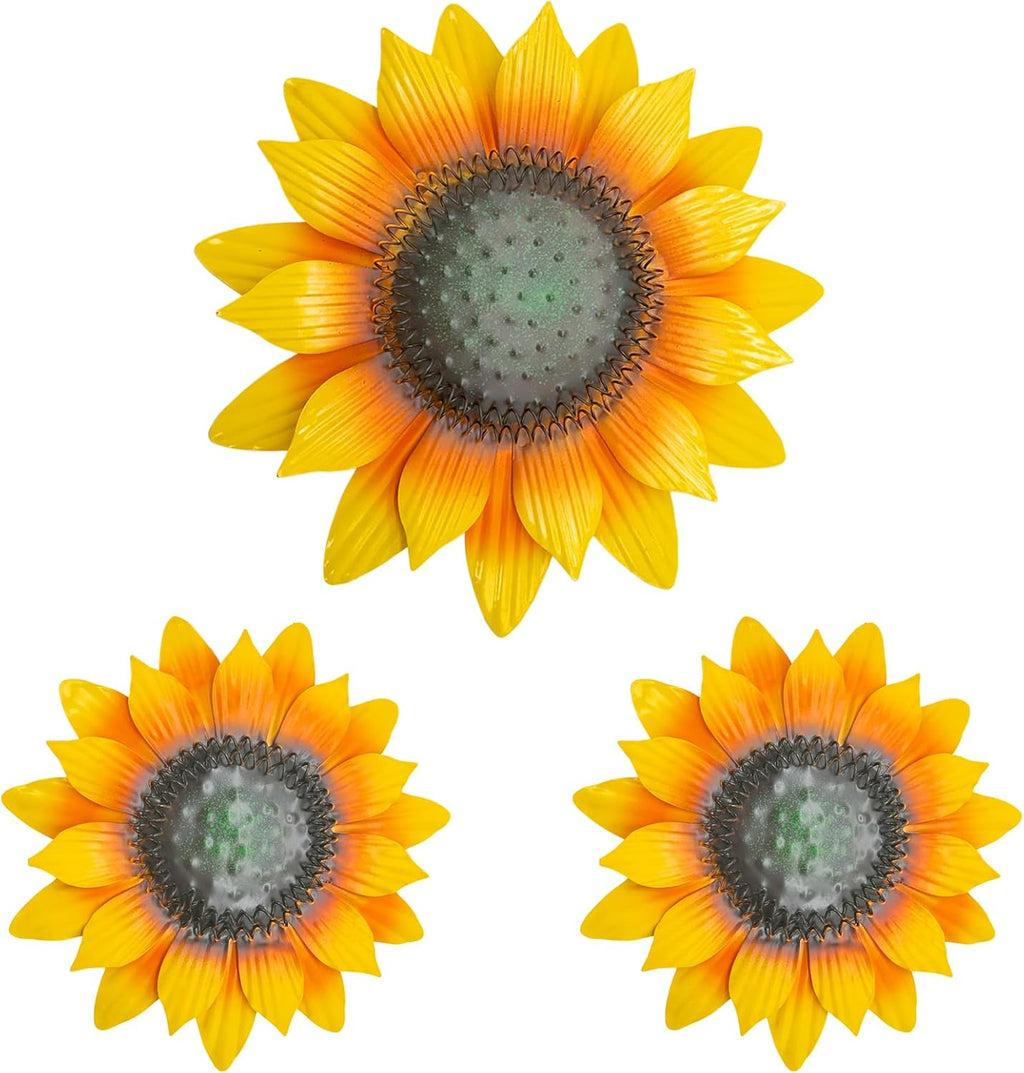 LWINGFLYER Metal Sunflower Wall Decor 12'' & 8" Assorted 3D Metal Wall Art for Sping Garden Fence Farmhouse Kitchen Bathroom Outdoor Indoor Decoration, Set of 3