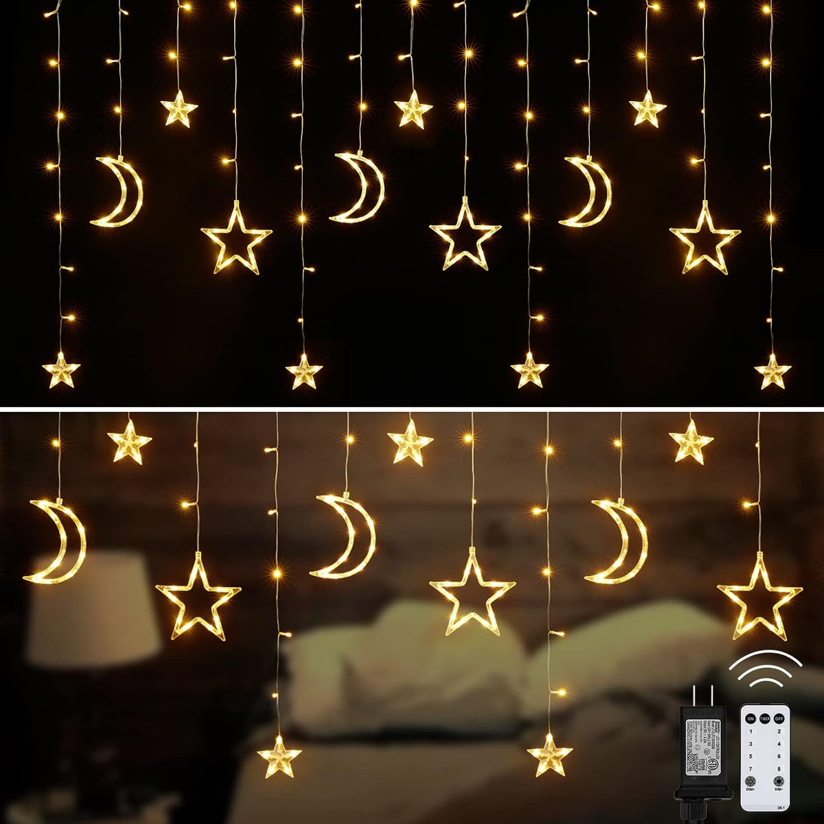 Christmas LED Curtain String Lights - 18FT 12 Drops 138 LED Star Moon Hanging Lights with Remote, 8 Modes, 6H Timer, Waterproof Connectable Window Lights for Indoor Outdoor Holiday Decorations
