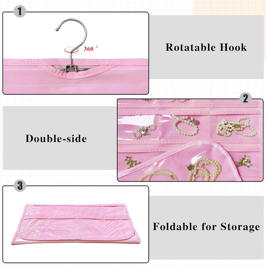 Hanging Jewelry Organizer 80-Pocket Double-Sided Storage, 2-Pack, Pink