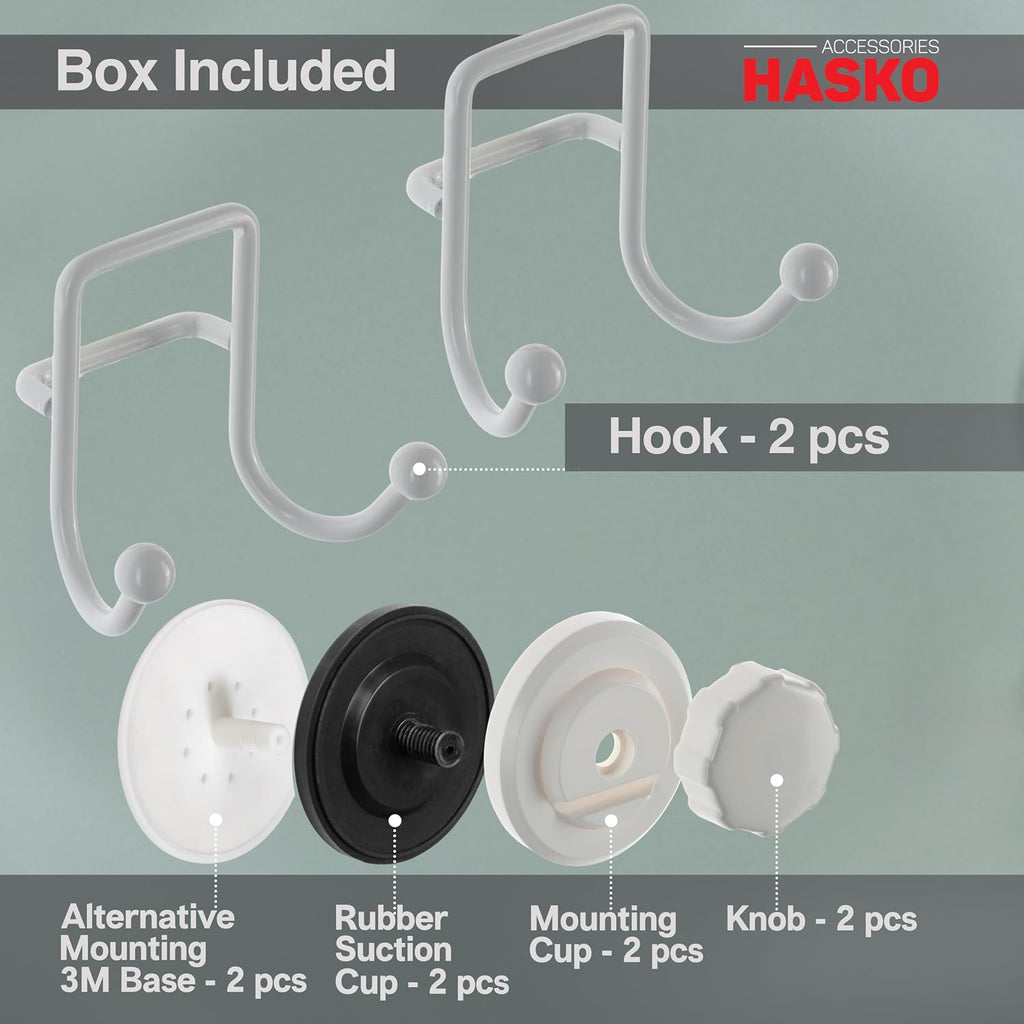 HASKO Suction Cup Hooks for Shower Wall, Removable Towel Hooks for bathrooms, Includes Optional No Drill Adhesive Mount for Inside Shower, Rustproof Stainless Steel - 2 Pack, White
