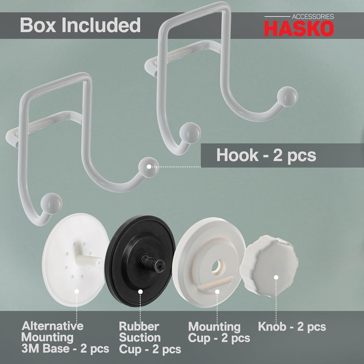 HASKO Suction Cup Hooks for Shower Wall, Removable Towel Hooks for bathrooms, Includes Optional No Drill Adhesive Mount for Inside Shower, Rustproof Stainless Steel - 2 Pack, White