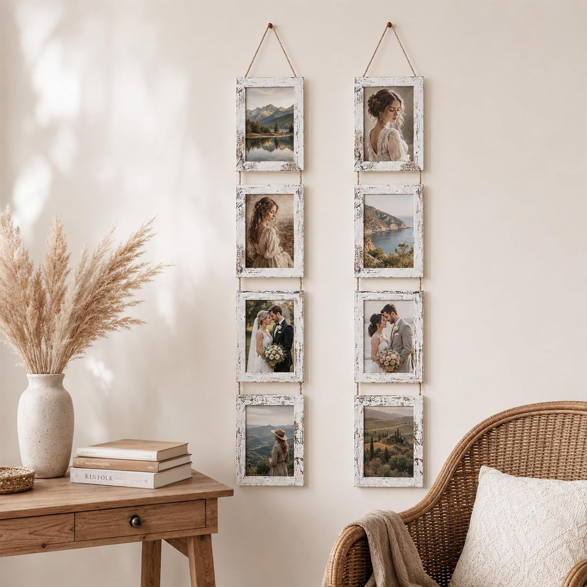 4x6 Distressed White Hanging Collage Picture Frames Set of 2, 8 Openings Collage Photo Frames Rustic Wooden Real Glass Vertical Hanging（Distressed White）