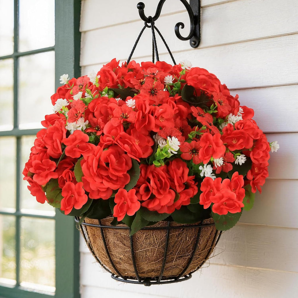 Olatay 12 Bundles Mixed Color Artificial Flowers for Outdoor, Artificial Geraniums Flowers for Outdoor, UV-Resistant Fake Geraniums for Porch, Balcony, Garden, Indoor Decoration (Red)