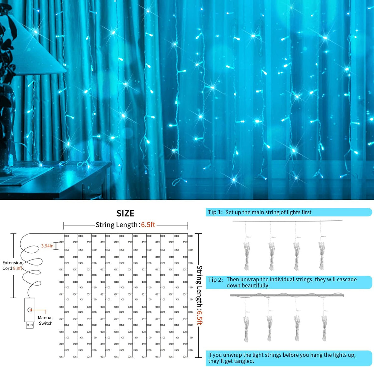suddus Curtain Lights for Bedroom, 200 Led 6.5ft x 6.5ft Hanging String Lights Outdoor, Fairy Curtain Lights for Backdrop, Window, Wall, Wedding, Party, Garden, Porch, Birthday Decor Aqua
