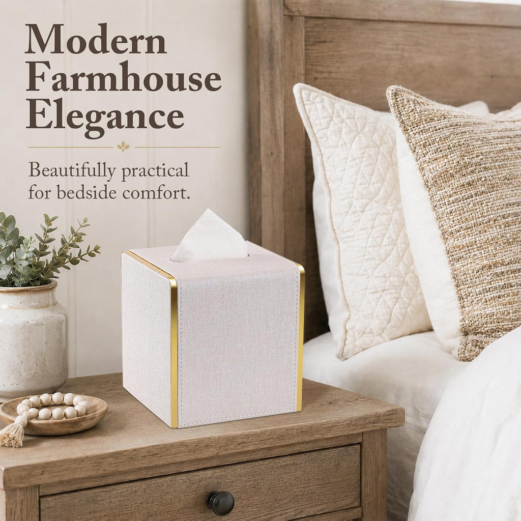GORESE Linen Look Tissue Box Cover Square, PU Leather Tissue Box Holder